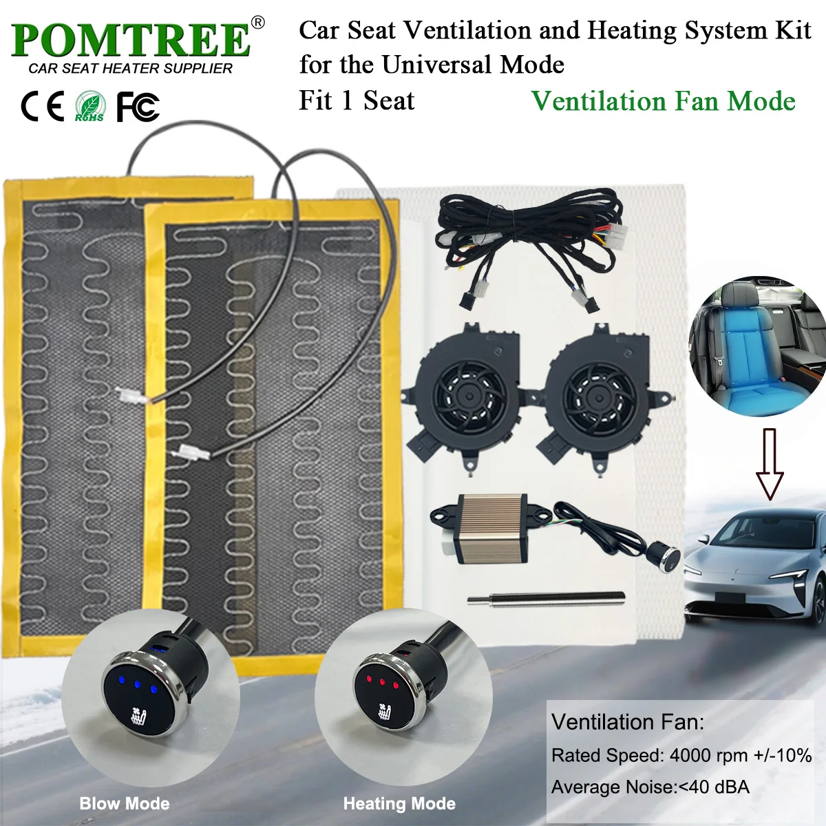 Built-in Universal Model Car Seat Ventilation And Heating System Kit Fit 1 Seat,With 3-level Circular Switch & Vsentilation Fans
