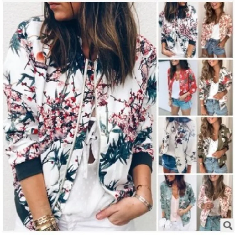 Coat women 2026 casual Autumn spring floral Printed round-neck zipper long-sleeved jacket women's clothing