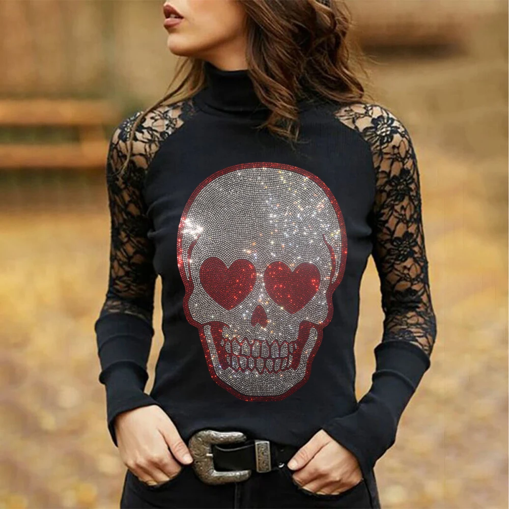 New Fashion Ship Anchor Hot Drill Print Ladies T-Shirt Solid Lace Sexy Women TShirt Y2k Gothic Tee Long Sleeve Club Clothes Tops
