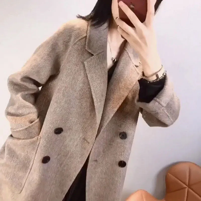 New Women Herringbone Pattern Woolen Jacket Spring Autumn Winter Imitation Cashmere Blazer Female Korean Loose Thick Woolen Coat