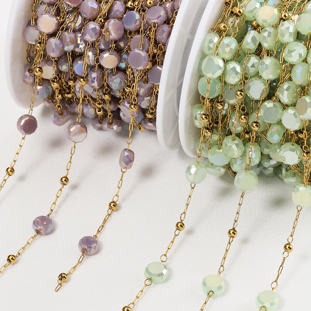 1meter Stainless Steel Stone Chain for Necklace Bracelet Light Green Purple Round Crystal Beaded Chains Jewelry Making DIY