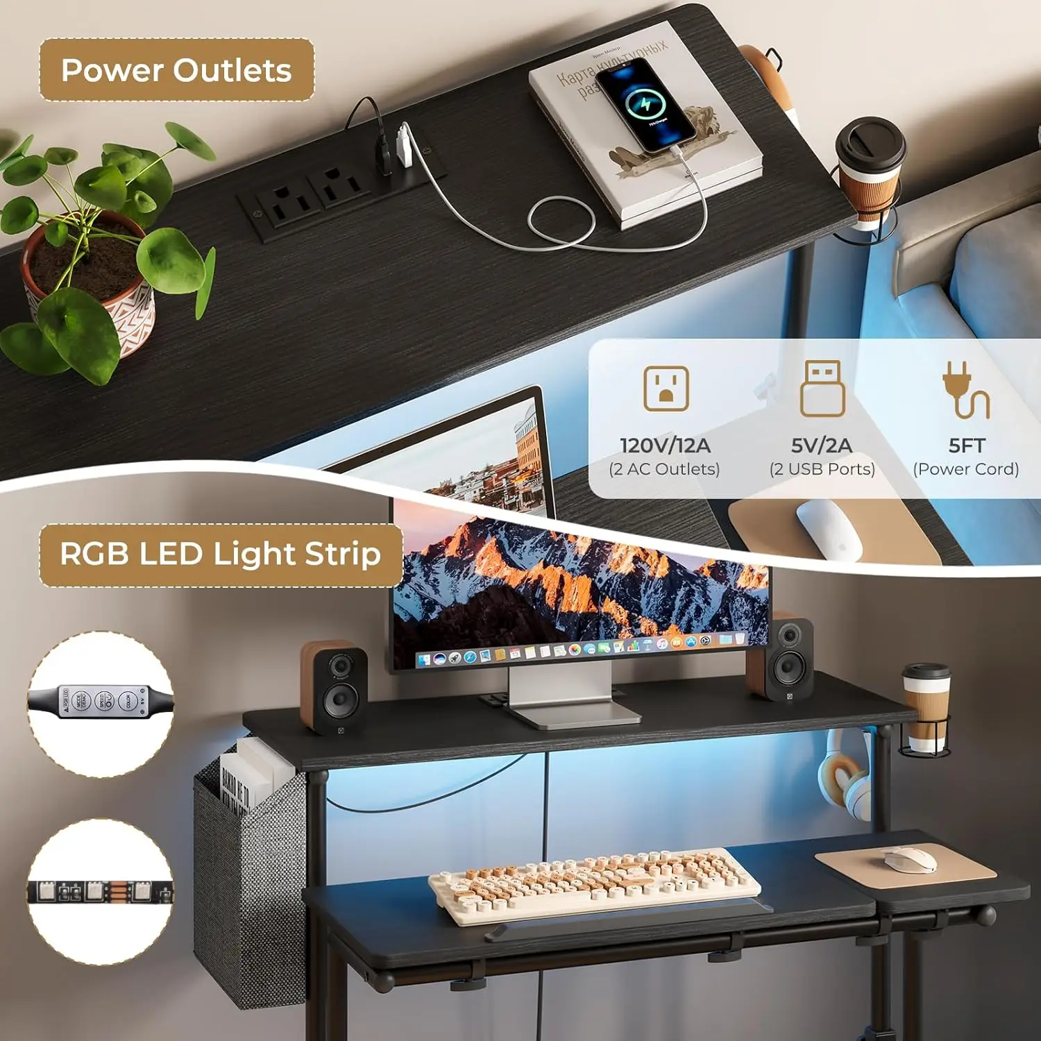 (UUX)Mobile Standing Desk with Power Outlets & Strip Lights, Rolling Computer Desk Cup Holder, Hook, Storage Bag UQ