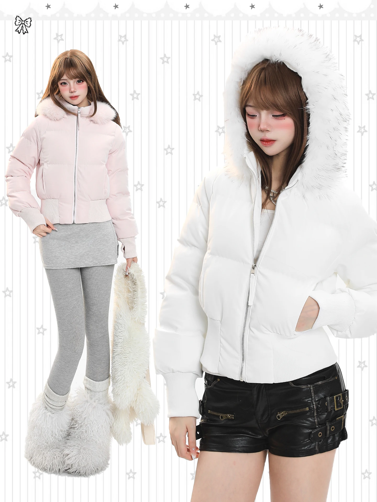 Women's Short Puffer Jacket 90% White Duck down Hooded Coat Removable Fur Collar Slimming Warmth High Quality Winter Outerwear