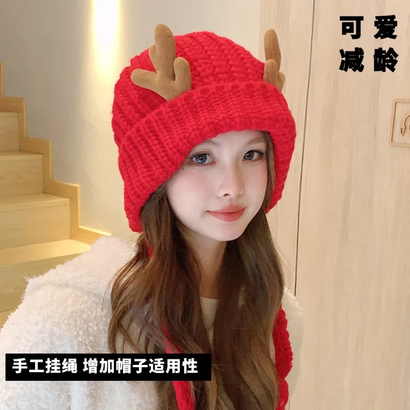 

New Christmas Antler Deer Horn Hat Women Wool Knitted Thickened Winter Warm Ear Protection Hat Casual Outdoor Riding Bonnet Caps