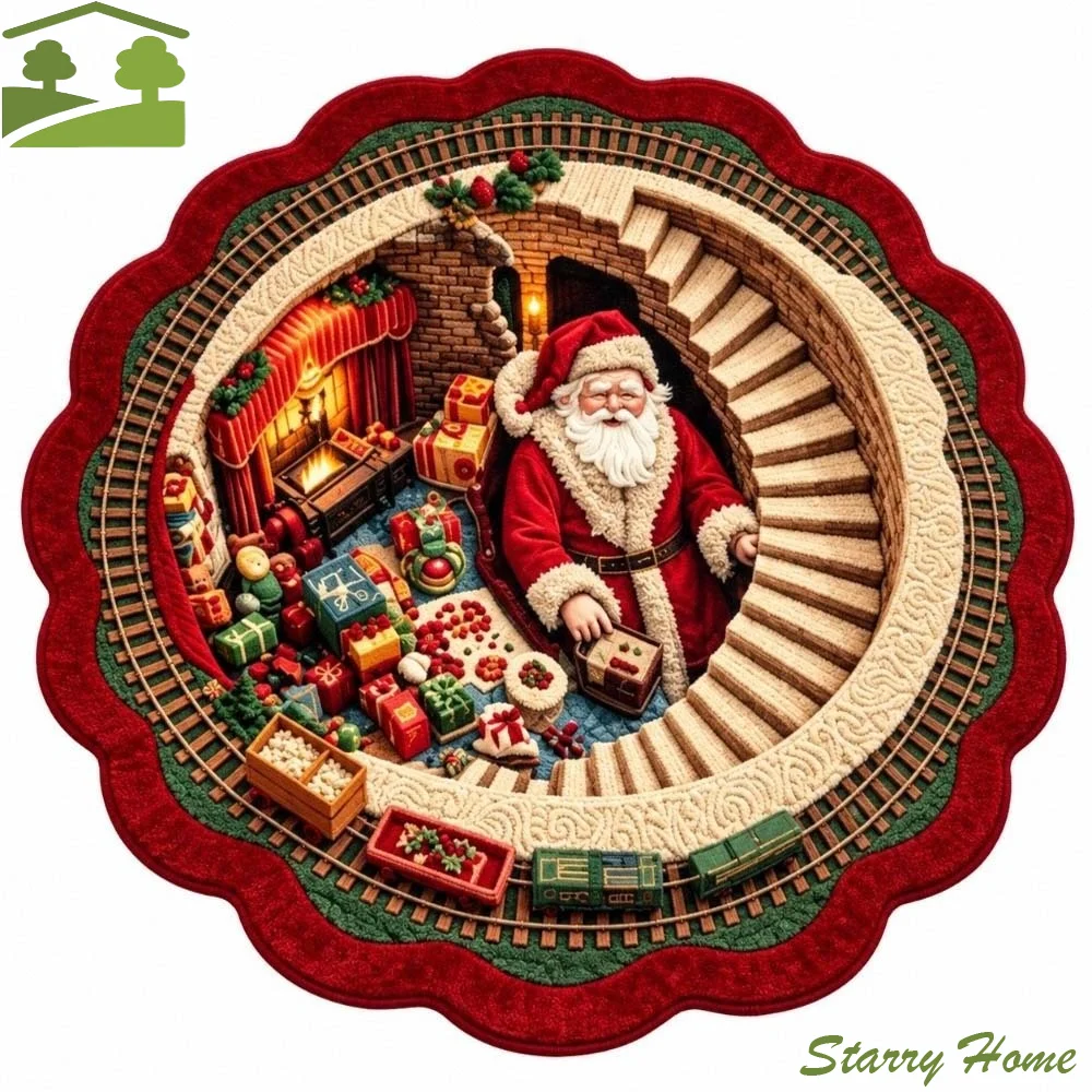 2D Flat Christmas Round Rug Polyester Santa Pattern Vortex Floor Mat Bottomless Pit Washable Fabric 3D Illusion Carpet