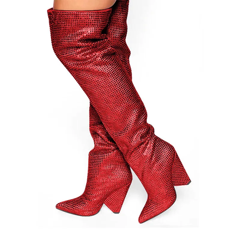 2024 new pointed cone-shaped heel with sloping heel, wearing full sky star rhinestones and oversized knee length boots for women