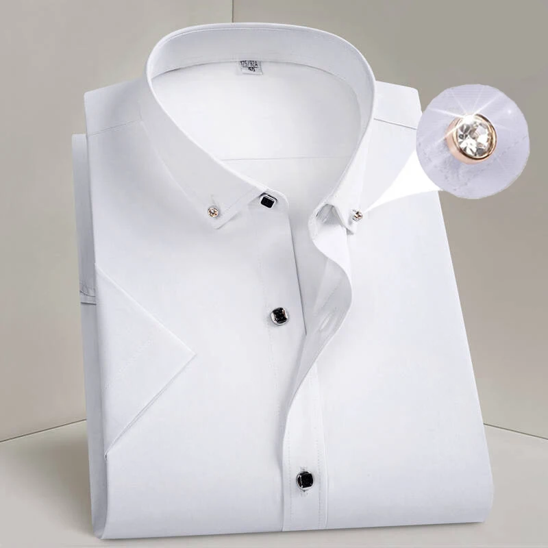 Hot Sale Fashion Men's Dress Shirt Formal Thin Business Classic Basic Diamond Button Social White Shirt Short Sleeve Men Clothes