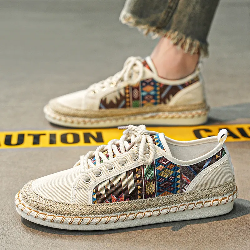 New Fashion Printed Men's Summer Shoes Comfortable Flat Canvas Shoes Men Lace-up Fisherman Shoes Casual Men Espadrilles Hommes