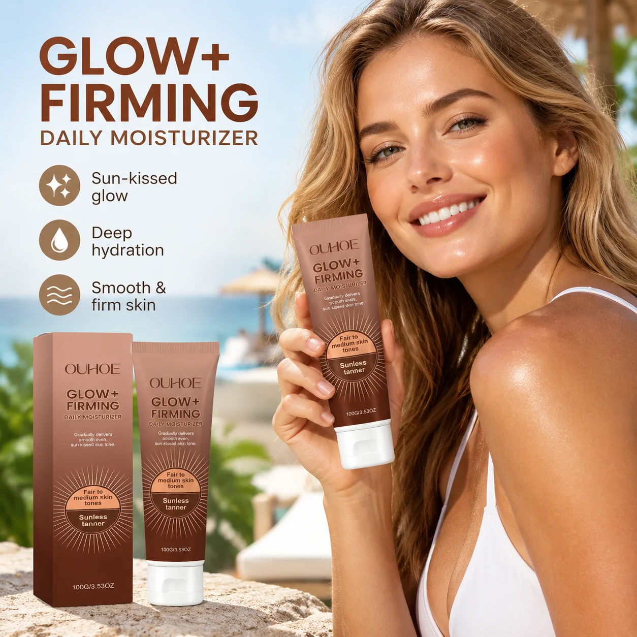 Ouhoe Sunless Tanner Glow Firming Body Moisturizer Hyaluronic Acid Natural Sun-Kissed Tan Non Sticky Self Tanning Lotion 100g