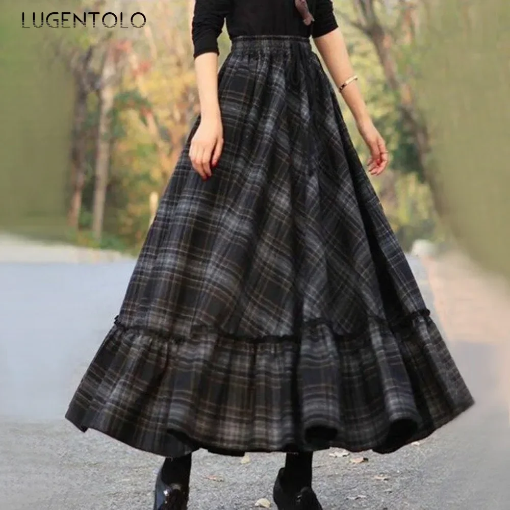 Large Size Maxi Skirts Women Plaid Printing Ruffle Stitching Big Swing High Waist Autumn New Fashion A-Line Skirt