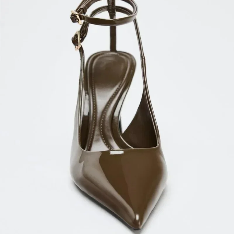 Sandalias de tacón con punta estrecha de charol para mujer, zapatos de tacón elegantes para vestido de fiesta, correas en el tobillo, tacones altos sexis para oficina para mujer