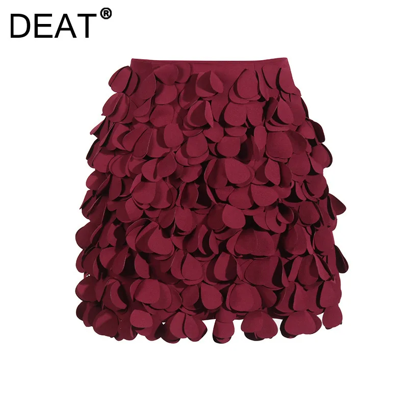 DEAT Women\'s Skirt High Waist Wrap Hips Slim Patches Design Red Short A-line Female Skirts 2024 New Fashion Autumn 29L8836