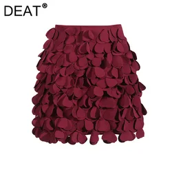 DEAT Women's Skirt High Waist Wrap Hips Slim Patches Design Red Short A-line Female Skirts 2024 New Fashion Autumn 29L8836