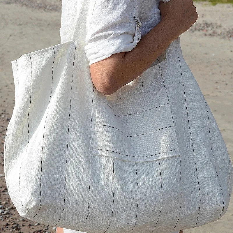 Casual Linen Viscose Striped Handbag Shopping Bags Large-Capacity Women's Bag Travel Beach Shoulder Bag Canvas Bags