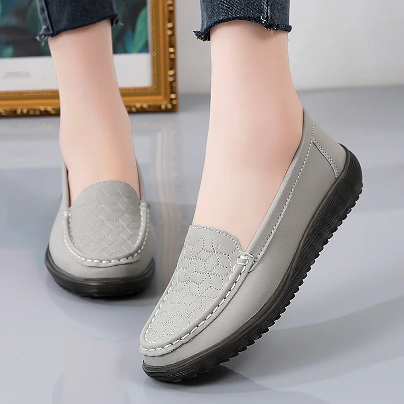 Spring Autumn Women Genuine Leather Loafers Flats Sheos Ladies Slip-on Casual Walking Shoes Mother Plus Size Shoes