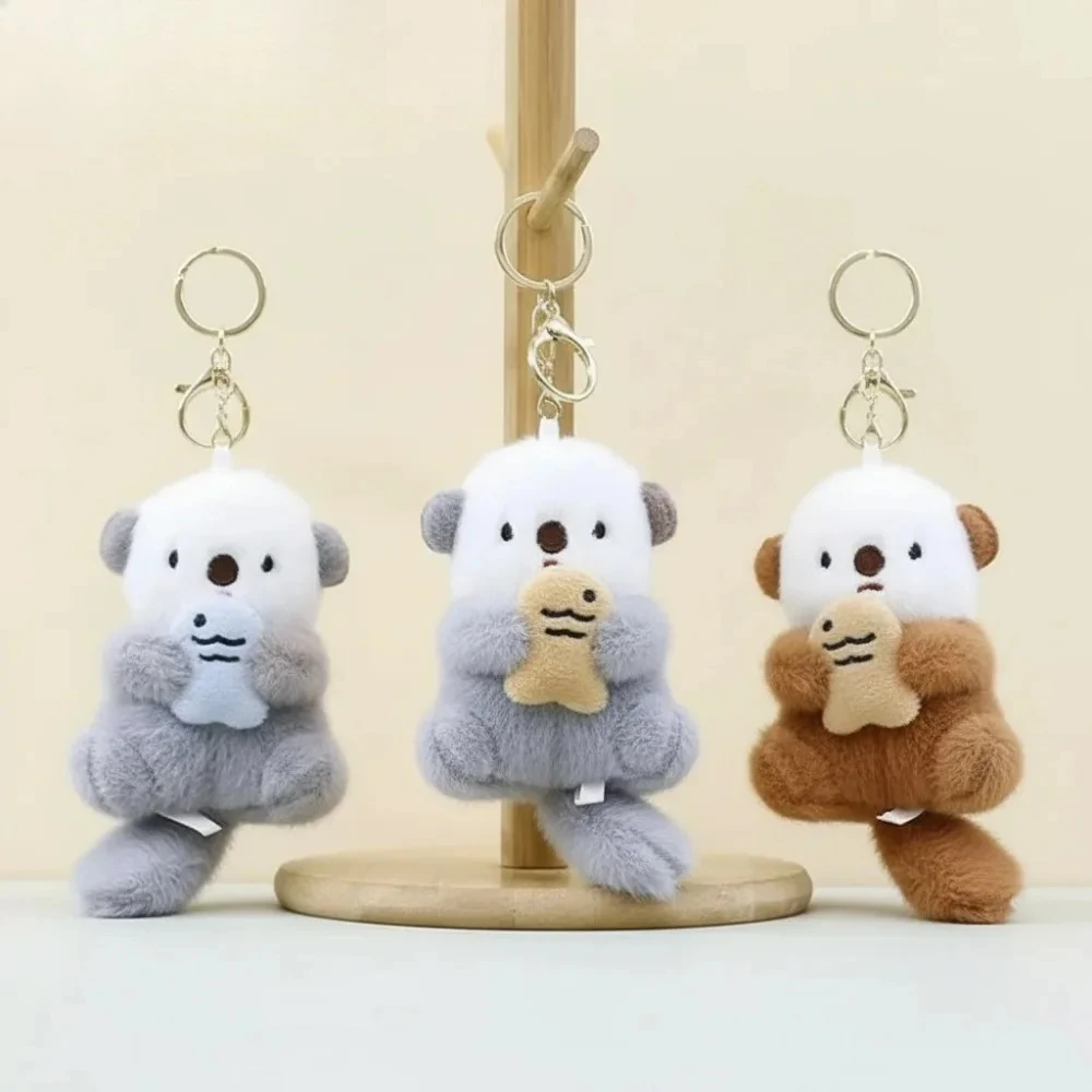 Mini Otter Plush Keychain Cute Animal Bag Charm Kawaii Stuffed Toy Backpack Accessory Fish Holding Plushie Gift For Otter Lovers
