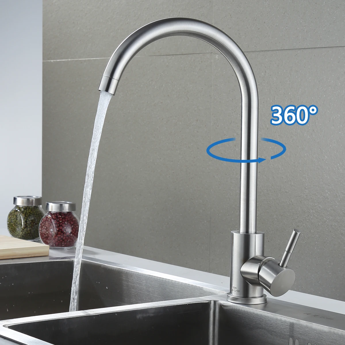 

Brushed Rotate Neck Kitchen Sink Faucet Single Lever Swive Spout Bathroom Kitchen Hot Cold Mixer One Hole Stainless Steel Tap