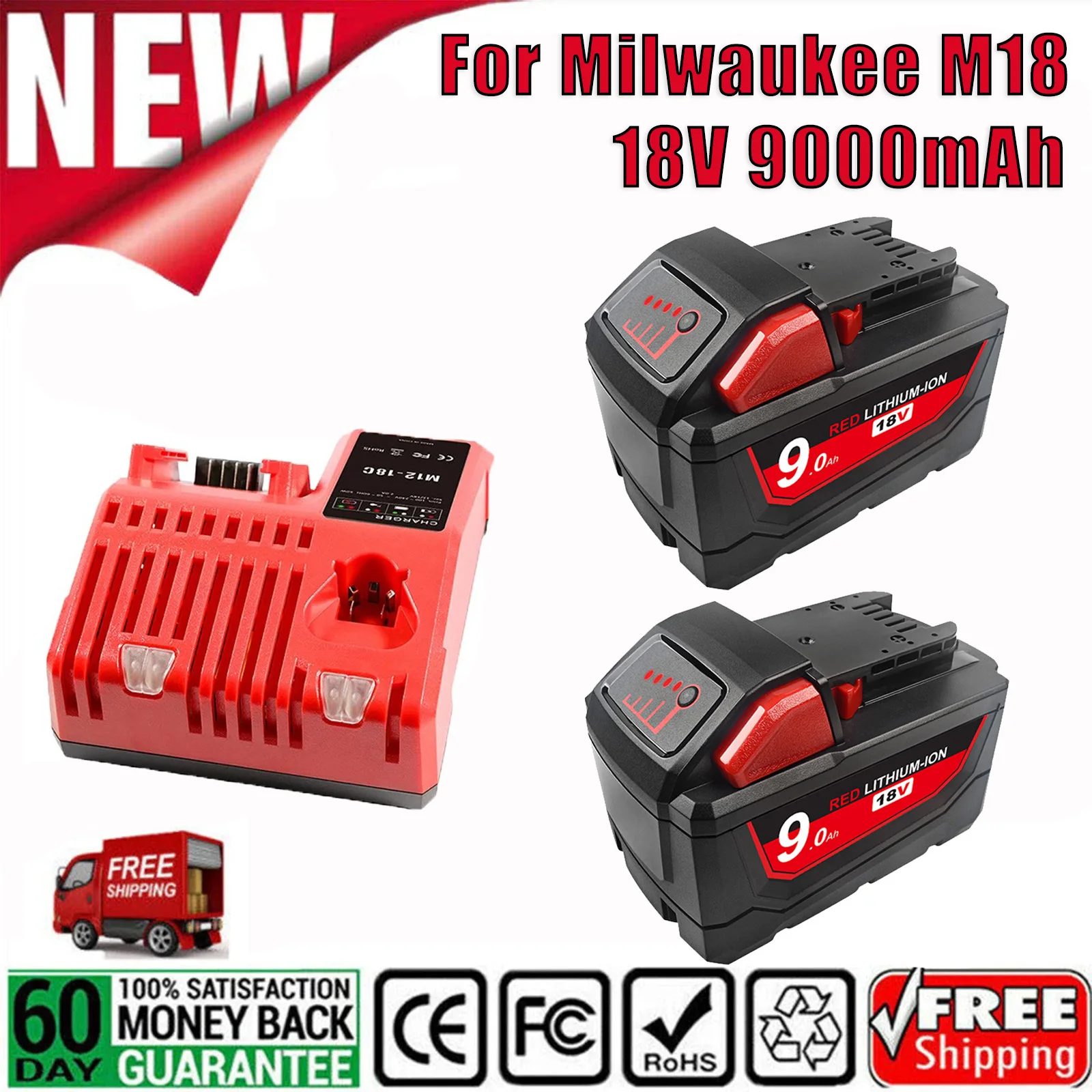 Replacement for Milwaukee 48-11-1852 M18 XC 9.0 Ah Lithium Battery 18V Rechargeable Batteries 48-11-1815 48-11-1850 L50