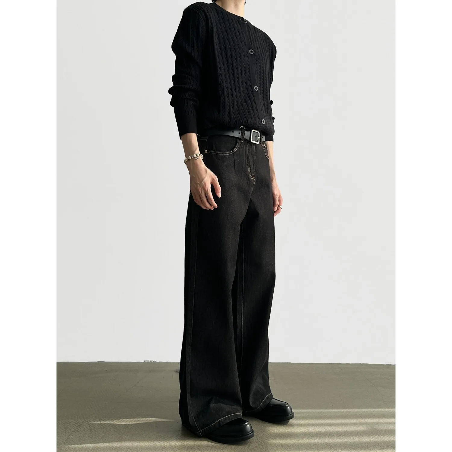 Black A Line Jeans for Men Loose Straight Denim Pants Casual Wide Leg Trousers with Stitching Mens Baggy Jeans