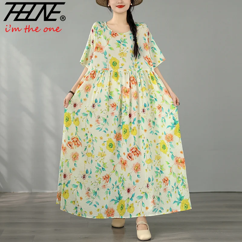 

THHONE Fashion Chic and Elegant Woman A-line Long Maxi Dress Summer Print Bohemian Loose Floral Plus Size O Neck Short Sleeve
