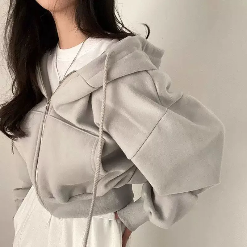 

Sweatshirt Hooded Jacket Slim Zipper Short Stylish Solid Color Top