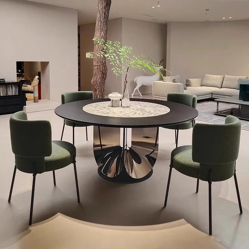 Italiano, minimalista, madeira maciça, incrustado, mármore, mesa de jantar redonda, aço inoxidável, luxo leve, alto sentido