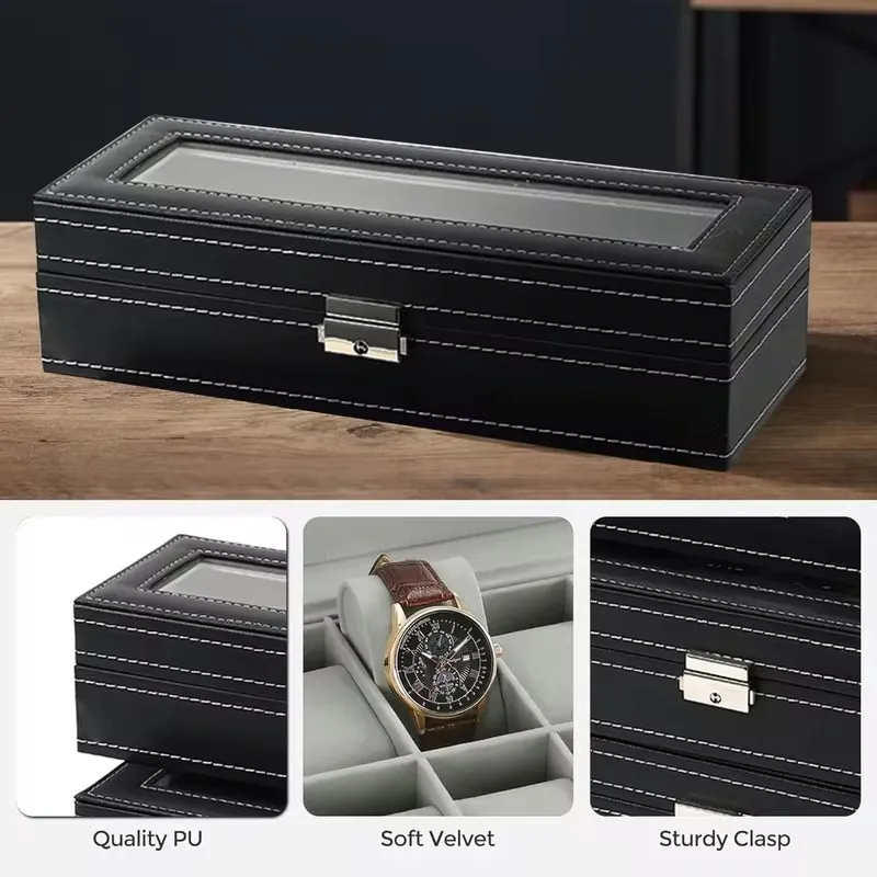 Organizador de exhibición de cuero sintético con tapa de cristal, caja de almacenamiento con múltiples compartimentos para relojes y joyas de hombre, disponible en tamaños de 2 a 12.