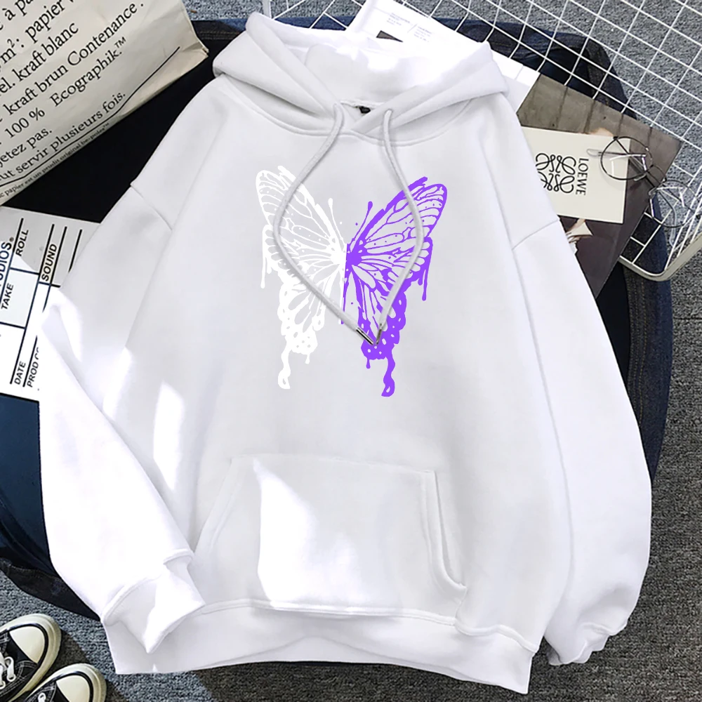 White And Purple Butterflies Personality Funny Womens Clothing Fashion Fleece Hoodies Loose Sweatshirt Casual Soft Female Hoody