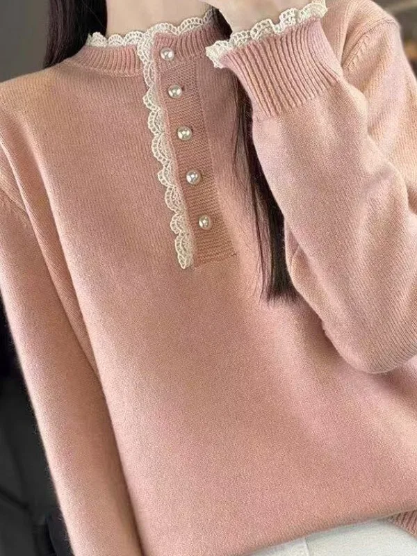 Faionable الدانتيل طوق محبوك سترة مع خليط الأزهار تقليم المخرج ربيع الخريف ملابس داخلية Sli طويلة Sve #5