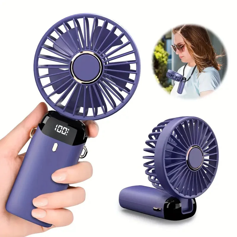 USB Handheld Mini Fan Foldable Portable Neck Hanging Fans 5 Speed USB Rechargeable Small Fan with Phone Stand and Power Display