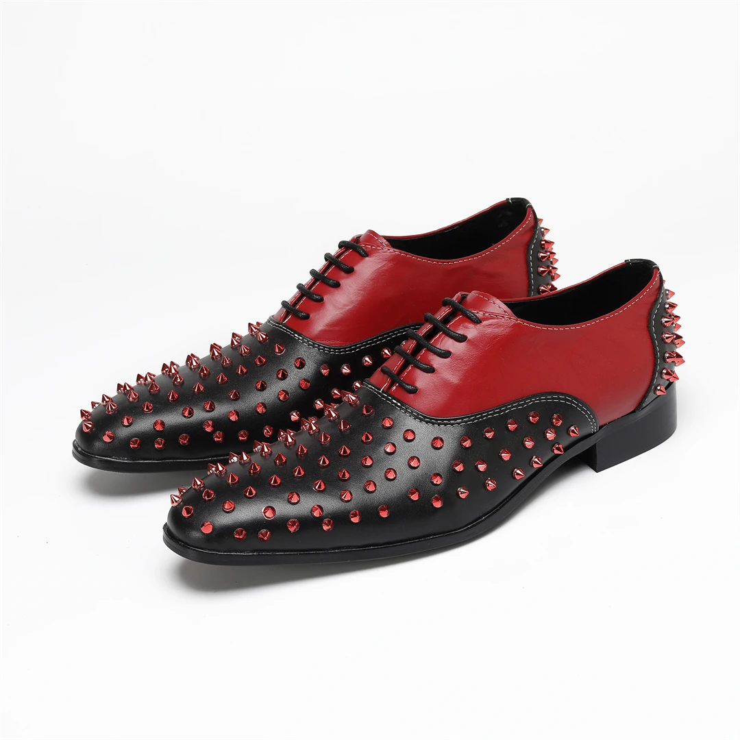 

Men's pointed leather shoes in red and black, fashionable studded cowhide leather shoes, breathable, personalized, banquet party