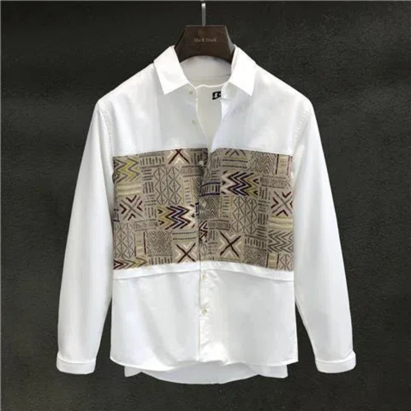 Japanese 2024 Men\'s New Patchwork Square Collar Button Printing Geometric Fashion Loose Minimalist Casual Long Sleeved Shirts