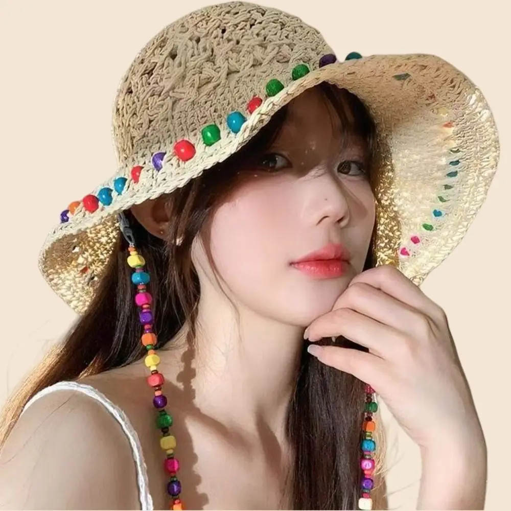 

Casual Elegant Woman's Straw Hat Breathable Foldable Lace Brim Sunshade Cap Wooden Beads with Rope Colorful Straw Hat Travel