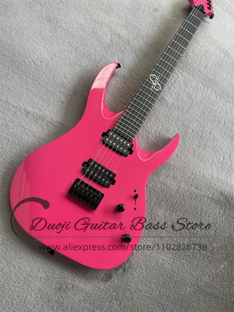 Pink Electric Guitar Maple Neck Set in Body, Rose Wood Fingerboard, Solar Guitar Fixed Bridge, Black Tuner, Customized Color