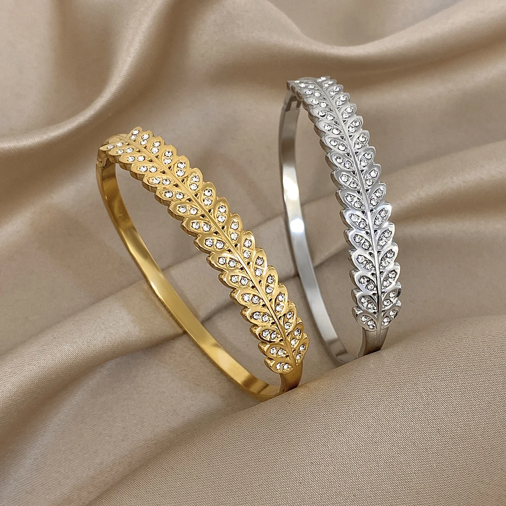

DODOHAO New Fashion Leaf Stainless Steel Cuff Bracelet for Women Retro Rhinestones Wheat Spike Spring Bangle Waterproof Jewelry