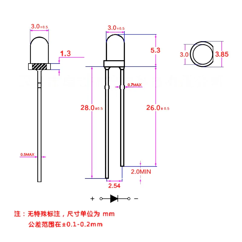 3Mm Rond Hoofd, Twee Benen, Één Kleur Rood Licht, Elektrodeloos Geel Licht, Bidirectionele Dubbele Kleur Rood Groen Rood Blauw Led Li