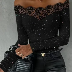 Spring Summer New Women's Solid Color Lace Stitching off-Shoulder Long Sleeve Dusting Powder Top