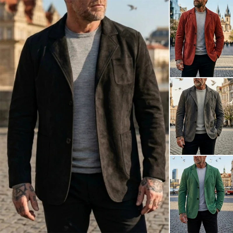 2026 Autumn Winter Vintage Lapel Suede Texture Blazer Fashionable Solid Color Long Sleeve Casual Outerwear Daily Jacket For Men