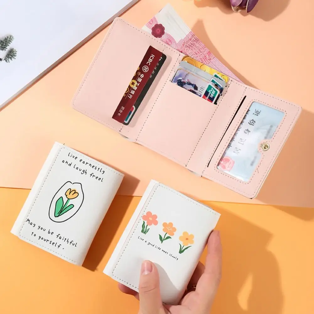

New PU Leather Folding Money Clip Cartoon White Card Holder Flower Short Tri-fold Wallet Student