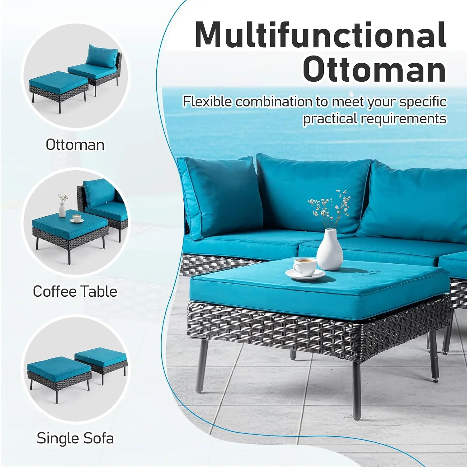 All-Weather PE Rattan Patio Sofa Set 6-Piece Outdoor Sectional with Ottoman Adjustable Feet Cushions, Customized