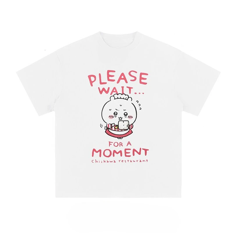 Chiikawa Restaurant Chii Waiter T-shirt Please Wait Text Cartoon White Cotton Tee Unisex Kawaii Casual Short Sleeve Shirt