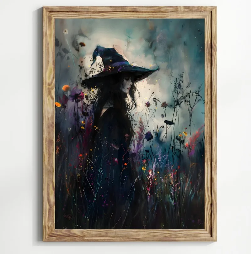 1pc frameless Canvas Painting Classic Witch Black Cat  Pumpkin Apothecary Full Moon Wall Art Halloween Goth  Canvas Painting Moo