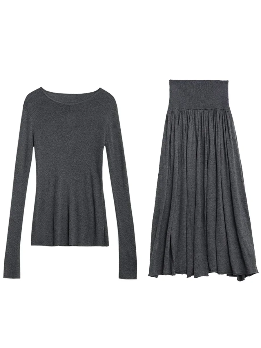 CHIC VEN-suéteres ajustados de cuello redondo para mujer, conjunto de Falda plisada con cintura elástica, primavera y otoño, 2024