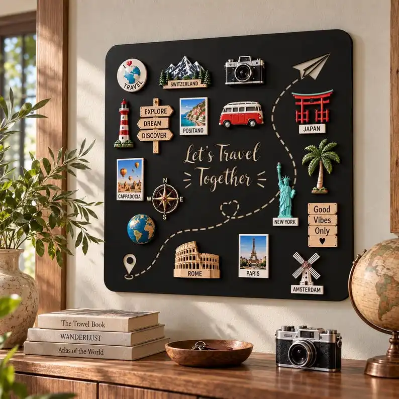 Travel Magnet Board,Large Metal Display Board for Travel Souvenir Magnets,Customizable Keepsake Magnet Wall Panel,Travel Themed