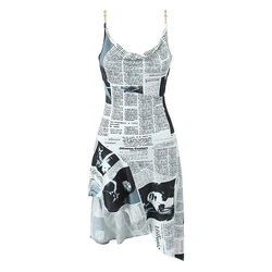 2025 Women Newspaper Letter Print Irregular Hem Sexy Dresses Thin Straps With Chain Backless Summer Short Dress