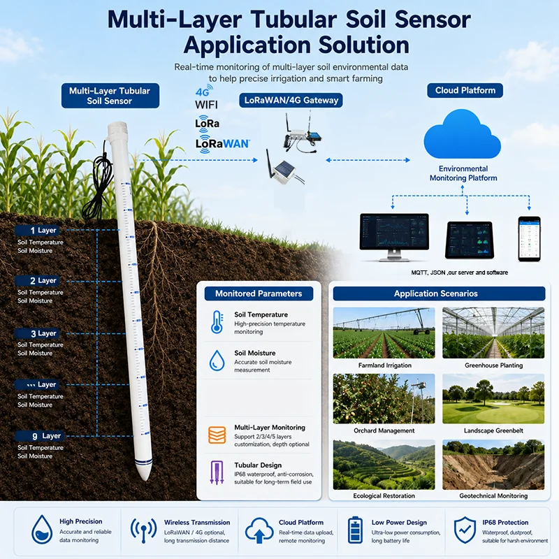RS485 Tubular Soil Moisture Temperature Sensor FDR Multi Layer Soil Humidity Monitoring Probe for Agriculture Irrigation System