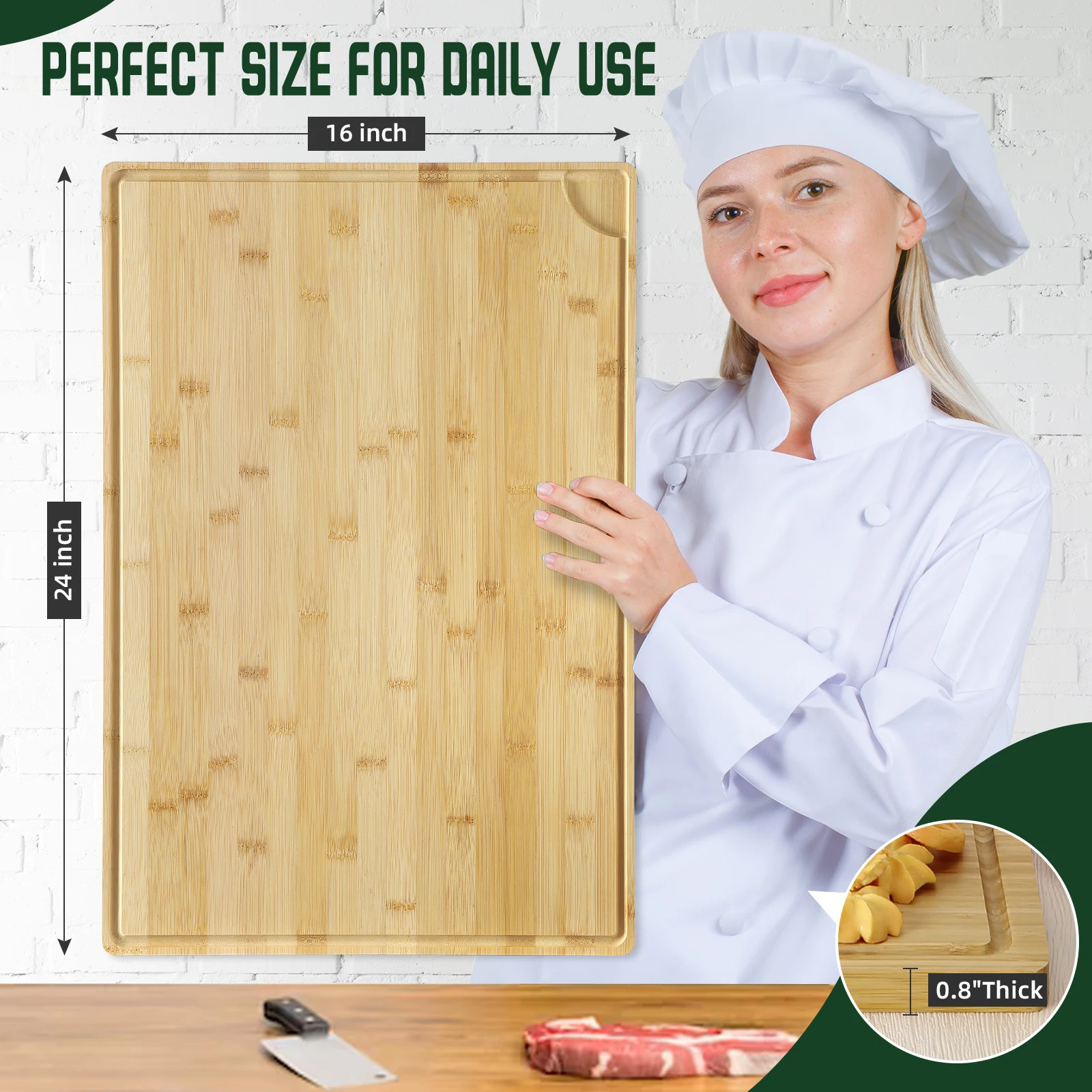 Extra Large Wood Fiber Cutting Board 24x16 Inch, Thick and Durable Eco-Friendly Wooden Chopping Block with Deep Juice Groove, Knife-Friendly, Built-in Handles, Ideal for Meat, Cheese, Vegetables, Fruits, Bread