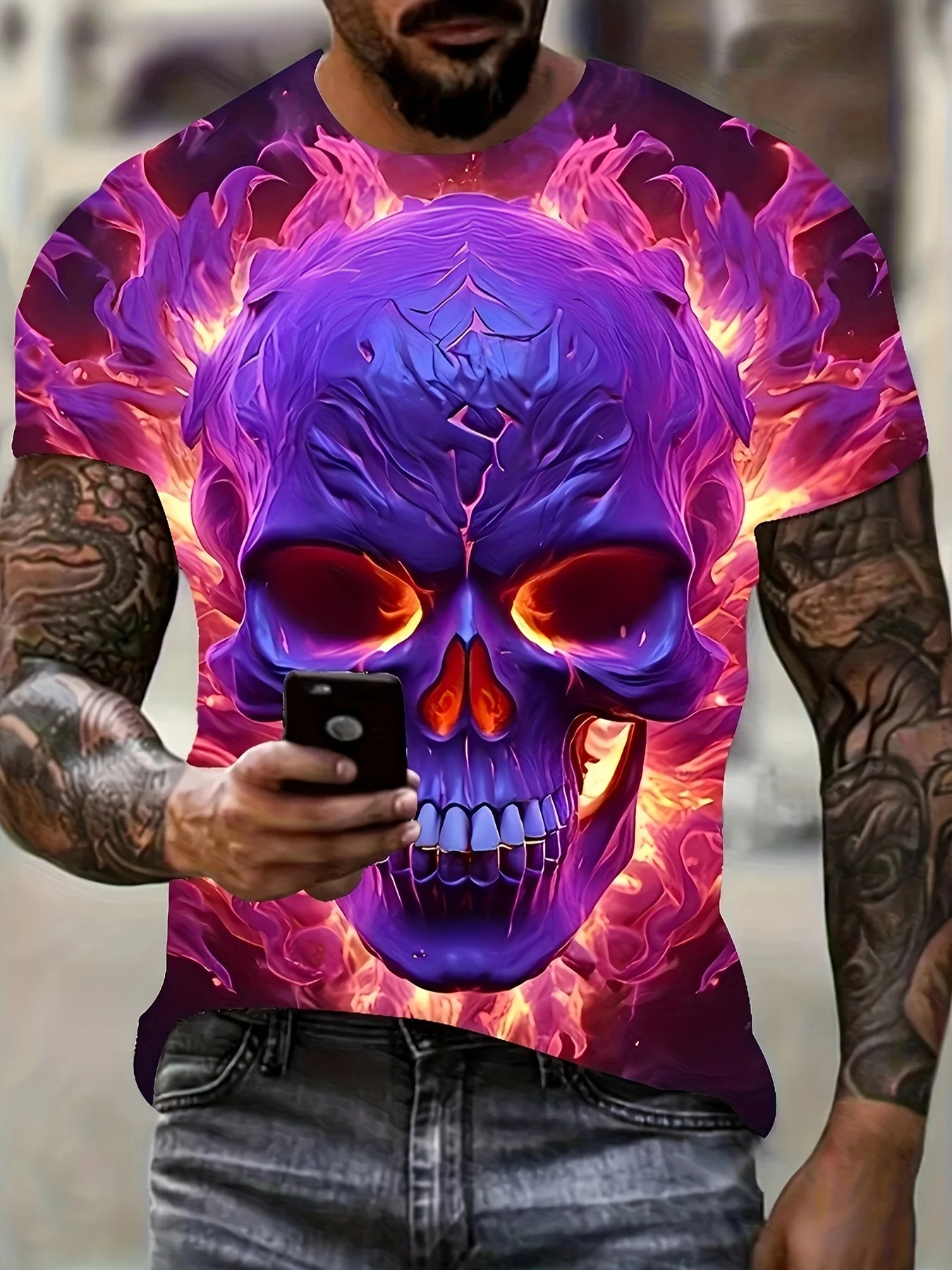 2026 Trendiges, cooles, dominantes Totenkopf-Muskel-Muster Rundhals 3D-Druck Outdoor Streetwear T-Shirt in Übergröße