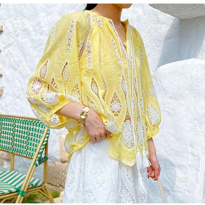 JHJN Frans chic damesoverhemd Vintage borduurblouse Boho blauw geel Lange mouw Kanten holle blouses Casual los overshirt