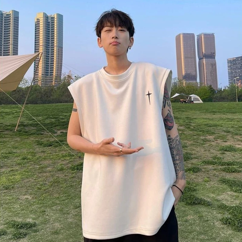 Men's 220g Heavyweight Cotton Tank Top Retro Letter Graphic Sleeveless Tee American Style Summer Casual Vest Outerwear